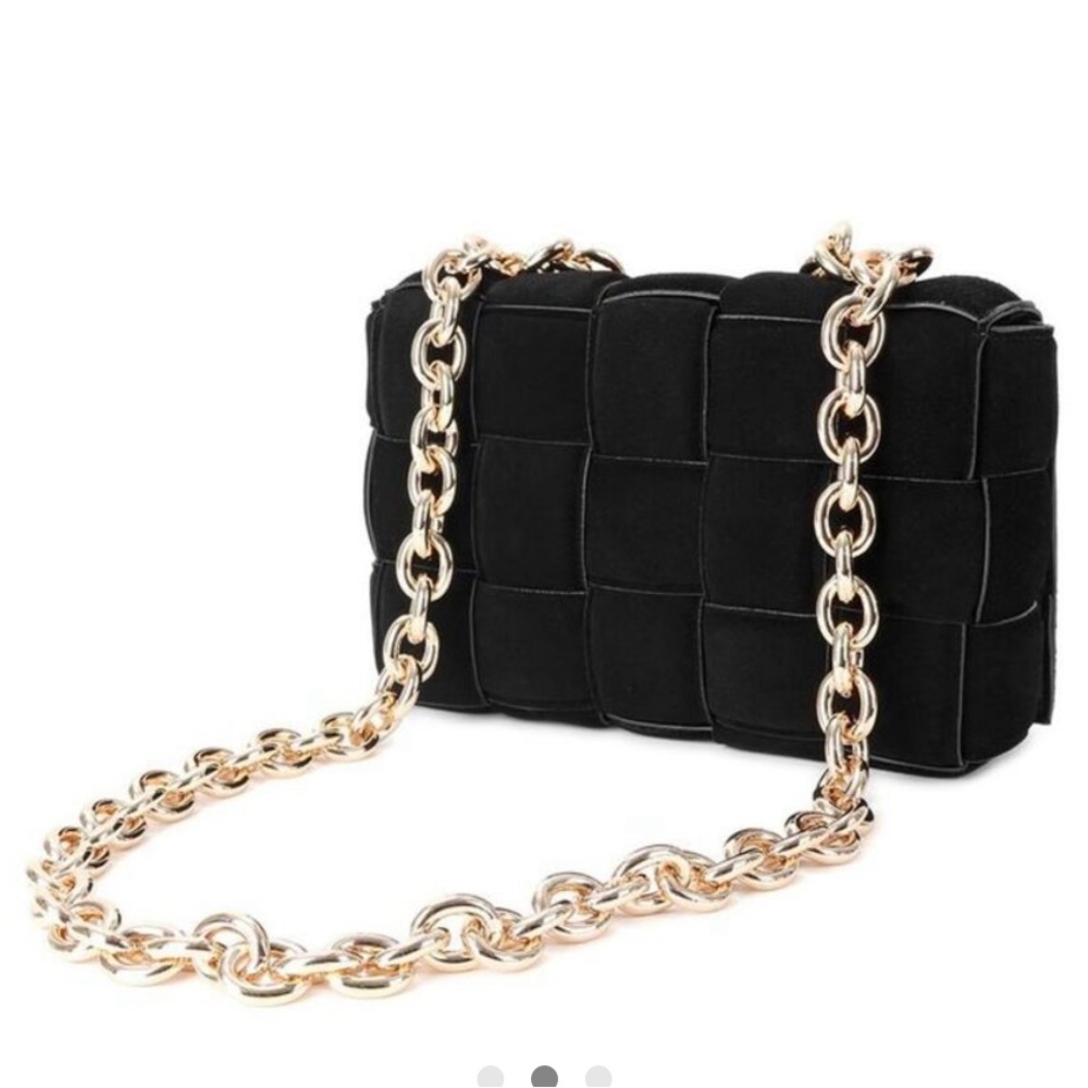 NWT Tiffany and Fred Paris Black Woven Suede Shoulder Bag with Gold Chain